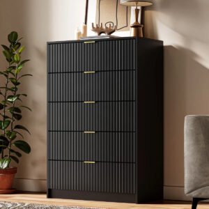 Modern Fluted 5-Drawer Dresser, Tall Chest with Gold Handles & Anti-Tip Safety