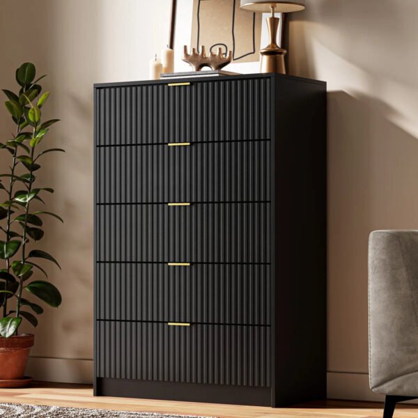 Modern Fluted 5-Drawer Dresser, Tall Chest with Gold Handles & Anti-Tip Safety