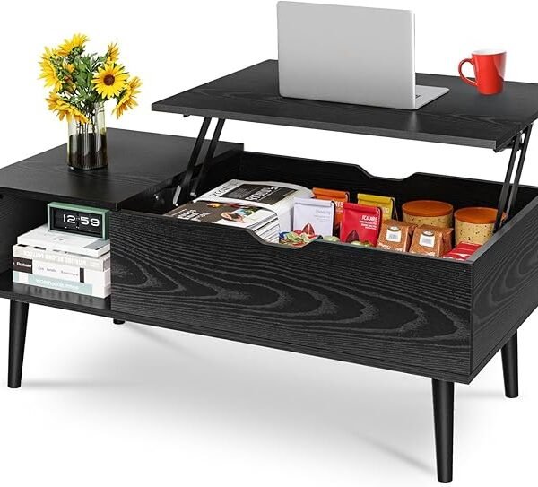 OLIXIS Wood Lift Top Coffee Table with Hidden Compartment and Large Storage Shelf, Lift Tabletop Dining Center Table for Home Living Room Office