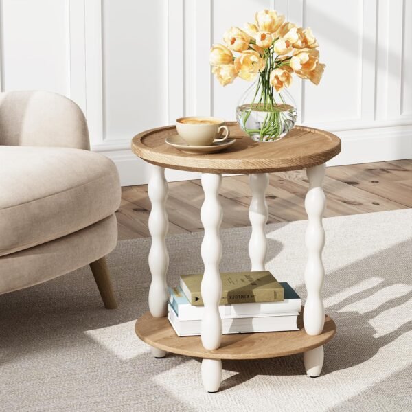 Handcrafted Round Farmhouse End Table, 2-Tier Wooden Side Table with Pine Legs for Living Room & Bedroom