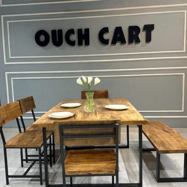 Solid Wood Industrial Dining Table Set with Bench & Chairs | Rustic Modern Design (6-Seater)