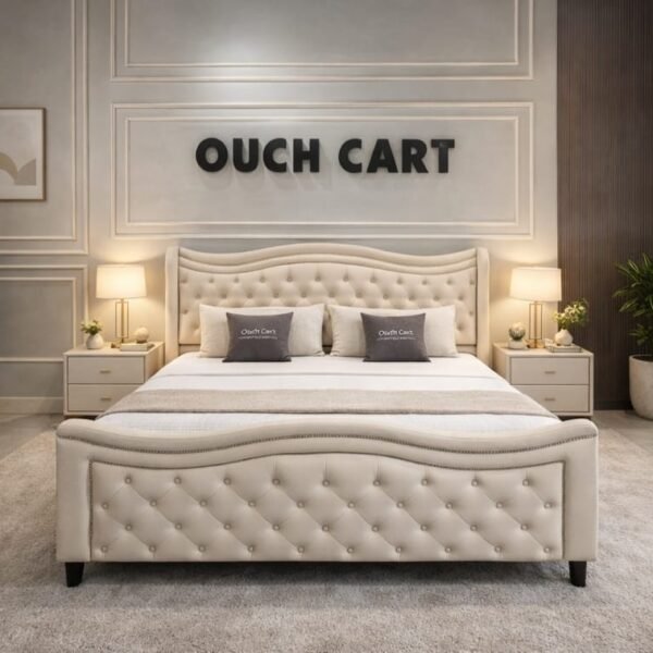 White Upholstered Bed with Plush Headboard – Classic Design for Modern Bedrooms