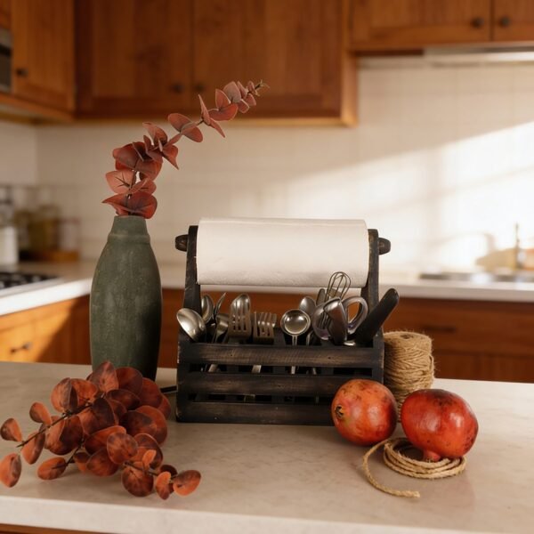 AUDREY Wooden Kitchen Roll Holder and Cutlery Holder