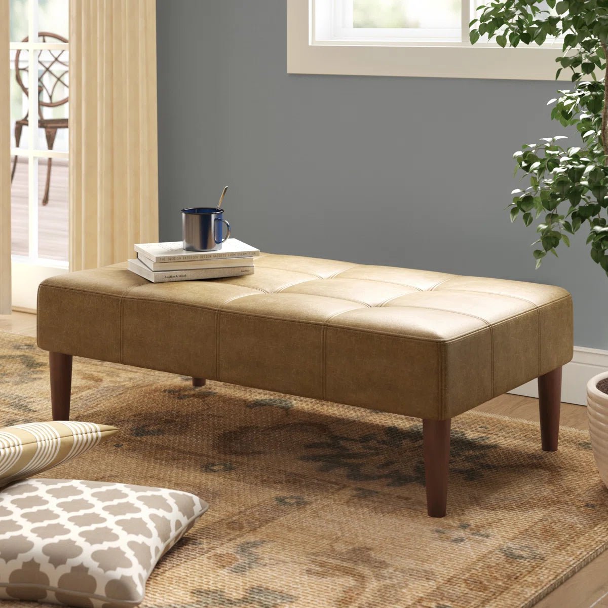 Coffee Table Ottoman Bench - Light Brown Faux Leather