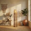 Bastian Wooden Floor Lamp with Brown Base and White Fabric Lampshade (BULB NOT INCLUDED)