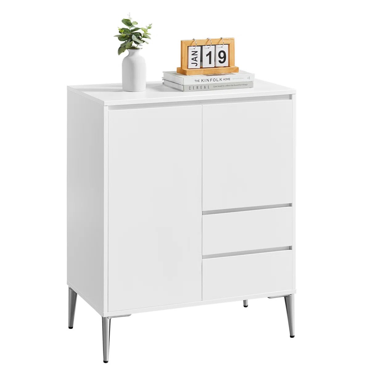 Modern White Accent Cabinet with 2 Doors, 2 Drawers & Adjustable Shelves