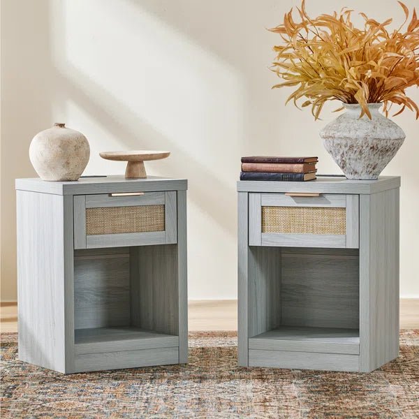 Bohemian Rattan Bedside Tables Set of 2 – Wooden Nightstands with Drawer, Shelf & Charging Station