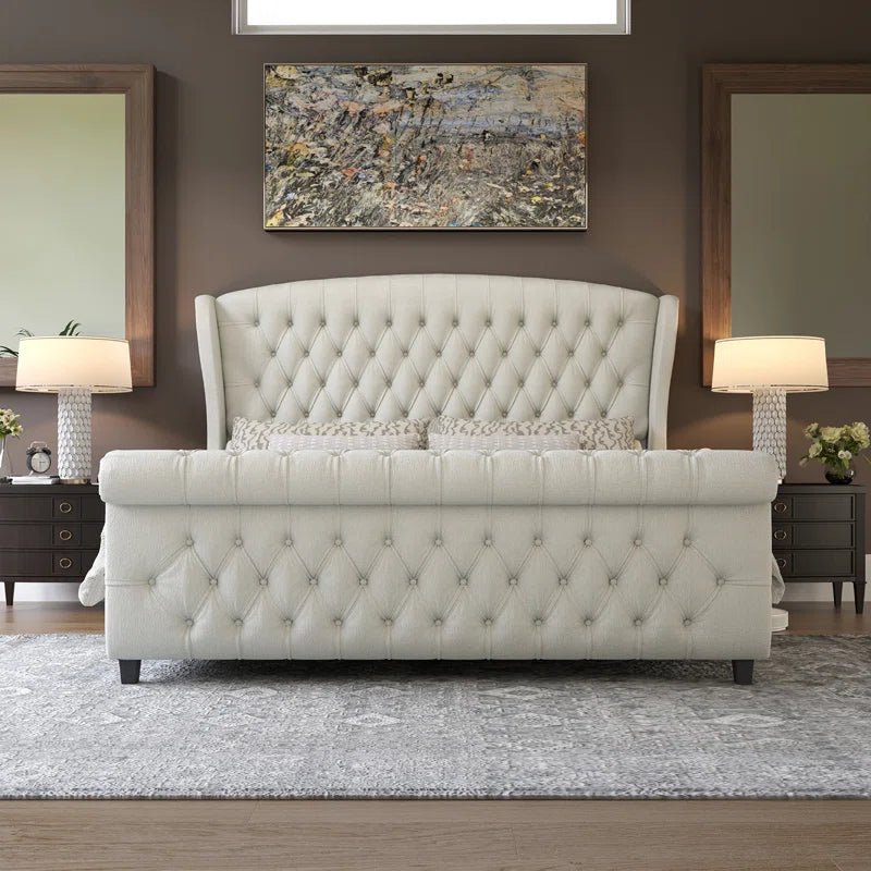 Dulane Chenille / Velvet Upholstered Sleigh Bed with Scroll Wingback Headboard