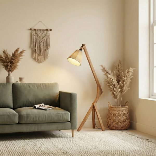 Emphasis Wooden Floor Lamp with Brown Base and Beige Fabric Lampshade
