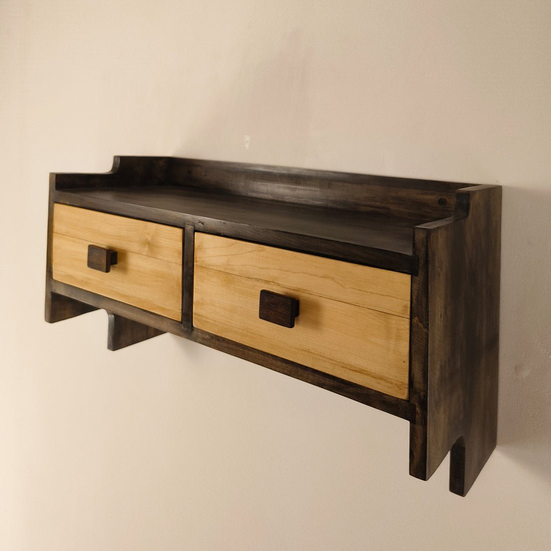 GOLDEN OAK Wooden Wall Shelf with Drawers & Key Holders - Image 8