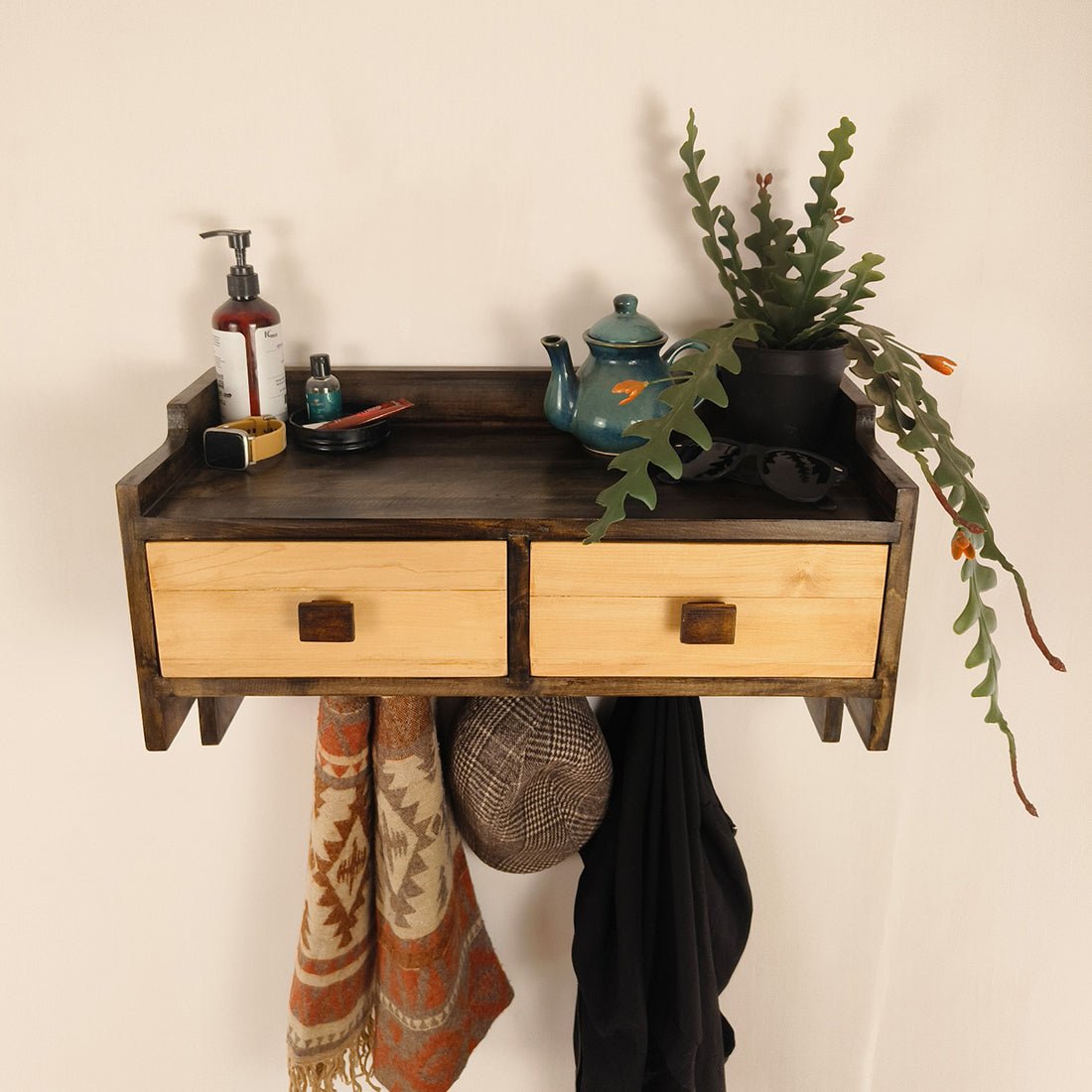 GOLDEN OAK Wooden Wall Shelf with Drawers & Key Holders - Image 4
