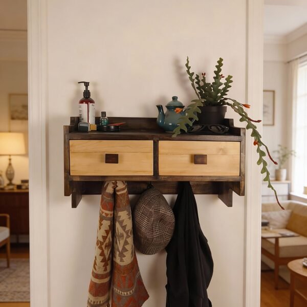 GOLDEN OAK Wooden Wall Shelf with Drawers & Key Holders