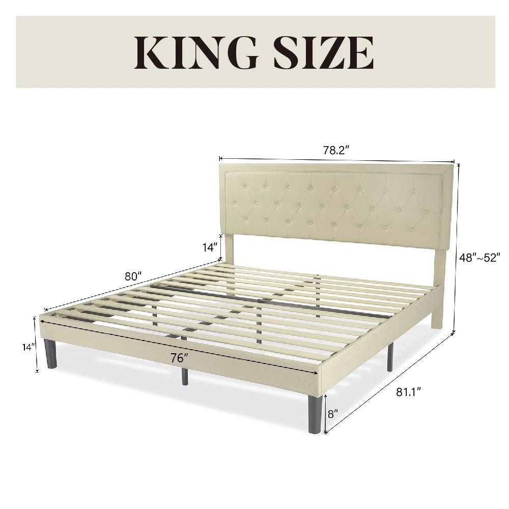 Light Beige Tufted Linen Upholstered Platform Bed with Sturdy Steel Frame - Image 4
