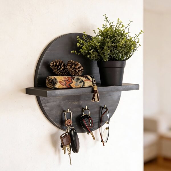 Lotus Wooden Wall Shelf Organiser with Key Holders
