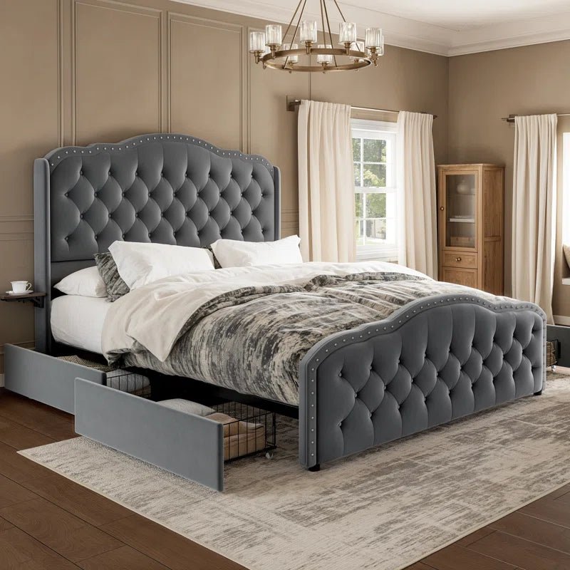 Maber Upholstered Queen Bed with 4 Drawers, Storage Platform Bed with 2 Bedside Tables , Velvet Wingback Bed, No Boxing Spring Needed, Gray - Image 10