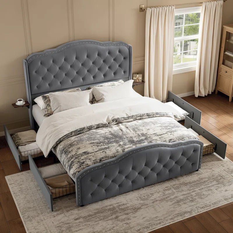 Maber Upholstered Queen Bed with 4 Drawers, Storage Platform Bed with 2 Bedside Tables , Velvet Wingback Bed, No Boxing Spring Needed, Gray - Image 2