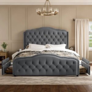 Maber Upholstered Queen Bed with 4 Drawers, Storage Platform Bed with 2 Bedside Tables , Velvet Wingback Bed, No Boxing Spring Needed, Gray