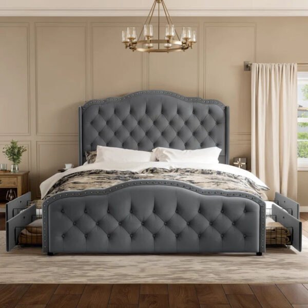Maber Upholstered Queen Bed with 4 Drawers, Storage Platform Bed with 2 Bedside Tables , Velvet Wingback Bed, No Boxing Spring Needed, Gray