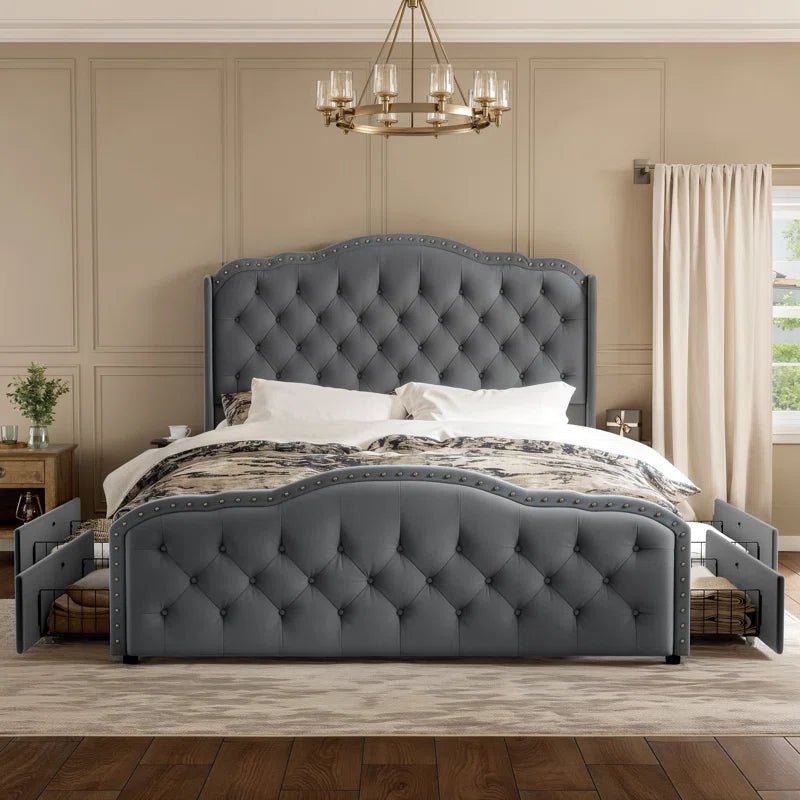 Maber Upholstered Queen Bed with 4 Drawers, Storage Platform Bed with 2 Bedside Tables , Velvet Wingback Bed, No Boxing Spring Needed, Gray