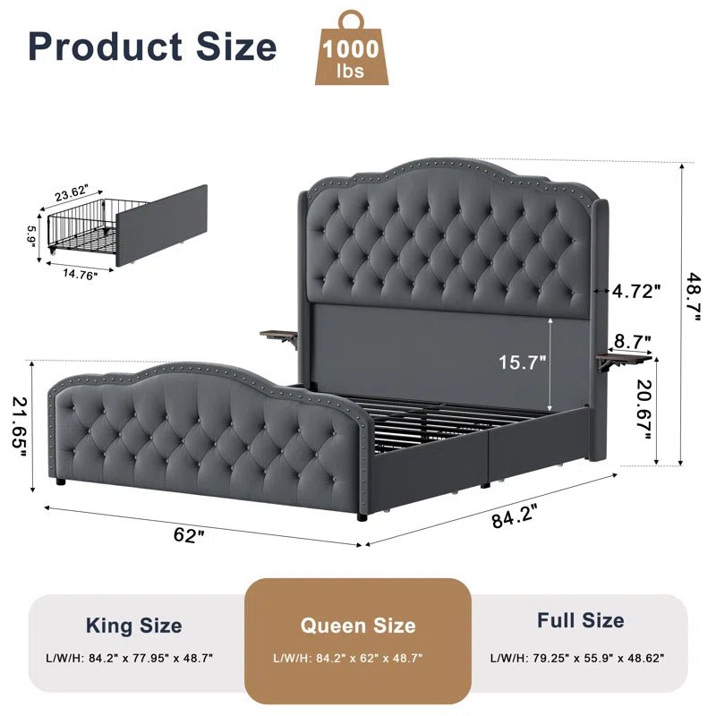 Maber Upholstered Queen Bed with 4 Drawers, Storage Platform Bed with 2 Bedside Tables , Velvet Wingback Bed, No Boxing Spring Needed, Gray - Image 3