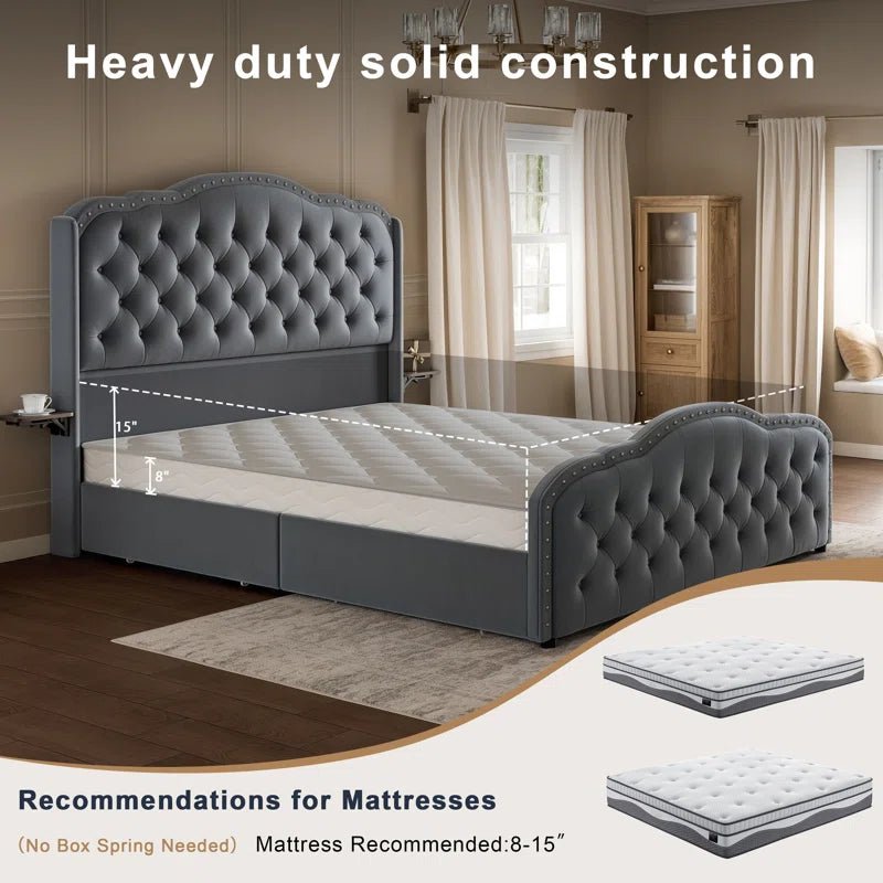 Maber Upholstered Queen Bed with 4 Drawers, Storage Platform Bed with 2 Bedside Tables , Velvet Wingback Bed, No Boxing Spring Needed, Gray - Image 4
