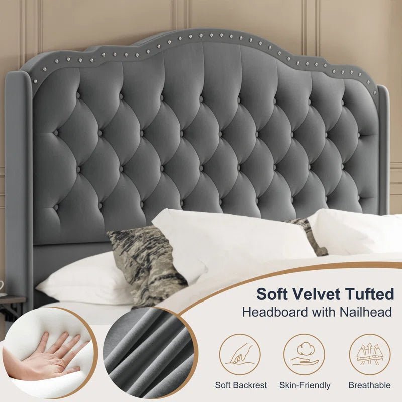 Maber Upholstered Queen Bed with 4 Drawers, Storage Platform Bed with 2 Bedside Tables , Velvet Wingback Bed, No Boxing Spring Needed, Gray - Image 5