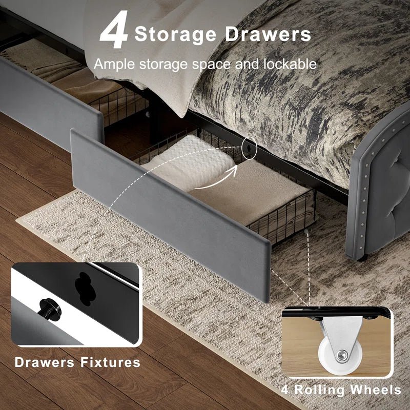 Maber Upholstered Queen Bed with 4 Drawers, Storage Platform Bed with 2 Bedside Tables , Velvet Wingback Bed, No Boxing Spring Needed, Gray - Image 6