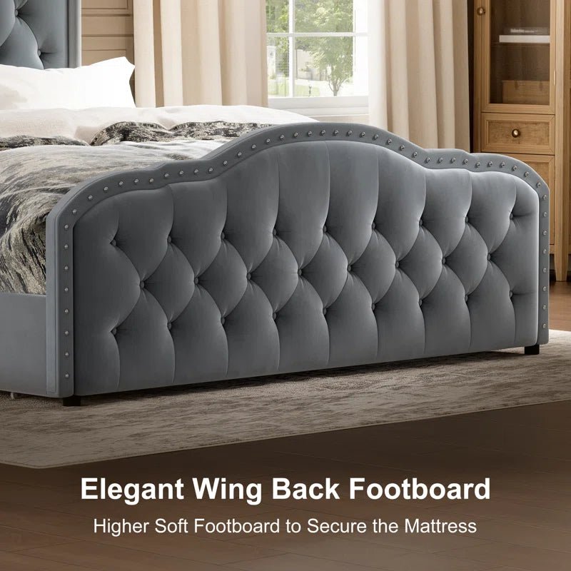 Maber Upholstered Queen Bed with 4 Drawers, Storage Platform Bed with 2 Bedside Tables , Velvet Wingback Bed, No Boxing Spring Needed, Gray - Image 8