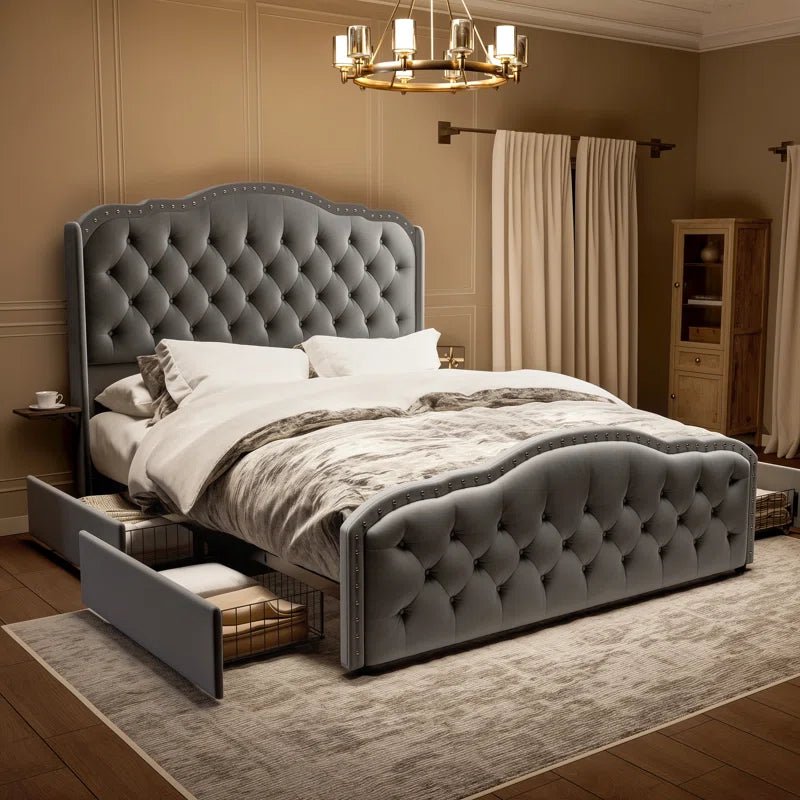 Maber Upholstered Queen Bed with 4 Drawers, Storage Platform Bed with 2 Bedside Tables , Velvet Wingback Bed, No Boxing Spring Needed, Gray - Image 9