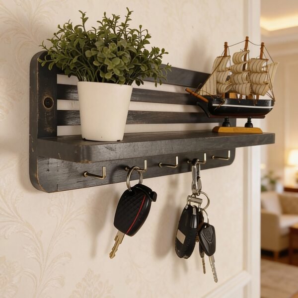 REGUS Wooden Wall Shelf Organiser with Key Holders