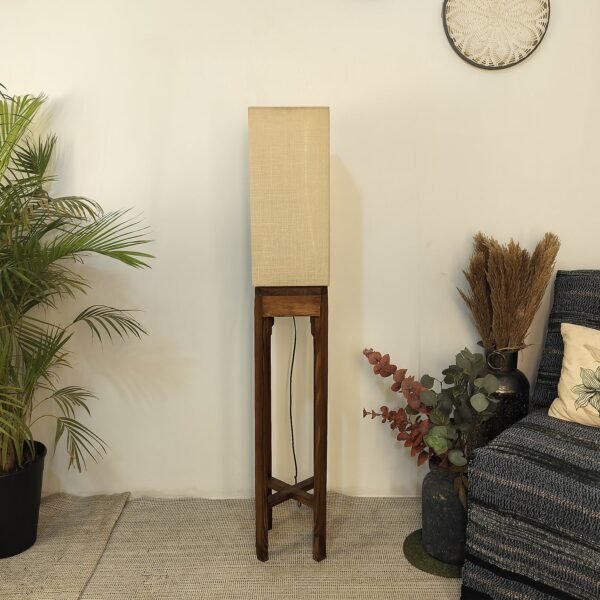 Sputnik Wooden Floor Lamp with Brown Base and Beige Fabric Lampshade (BULB NOT INCLUDED)
