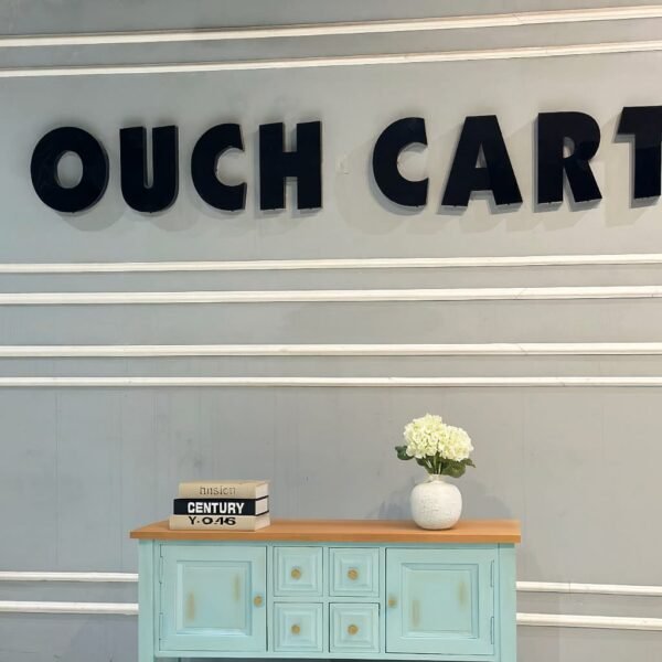 Vintage Teal Wooden Sideboard Cabinet with Natural Wood Top | Storage Console Unit