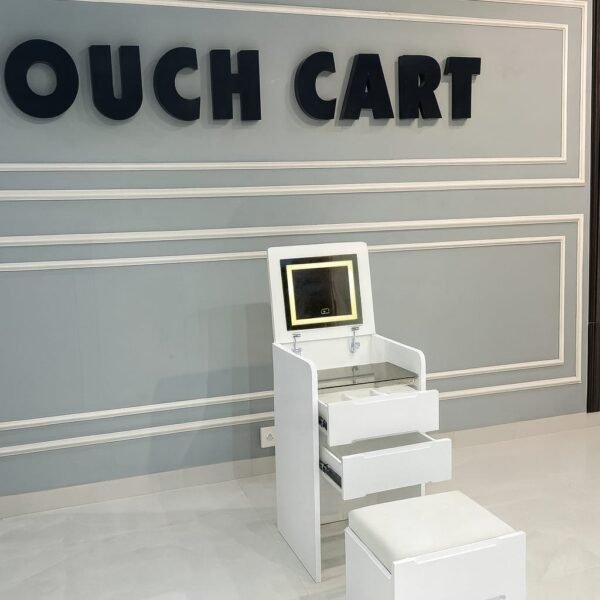 47’’ High-End Makeup Vanity Set with Glass Top, 5 Drawers, Built-In Power & Stool