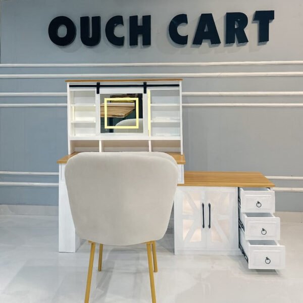 Modern White Wooden Dressing Table with LED Mirror & Storage Cabinet | Makeup Vanity Unit