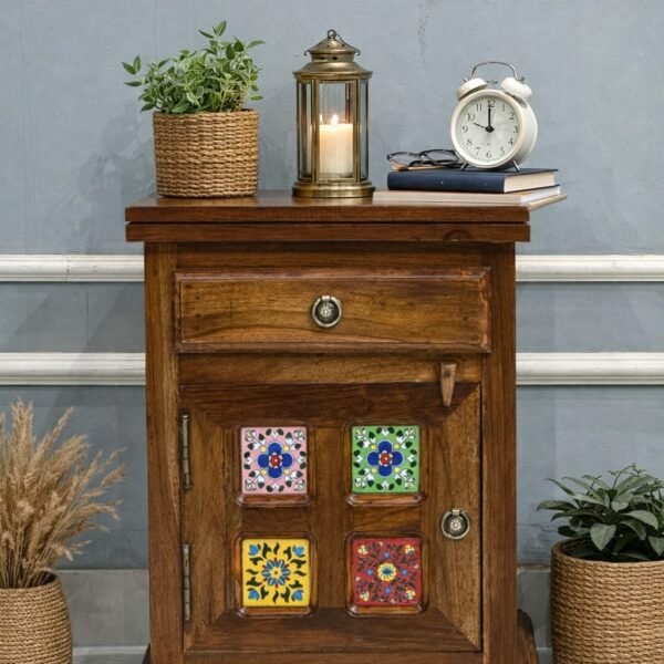 Handcrafted Solid Wood Bedside Table with Hand-Painted Tile Inlay | Rustic Vintage Side Table with Storage Cabinet