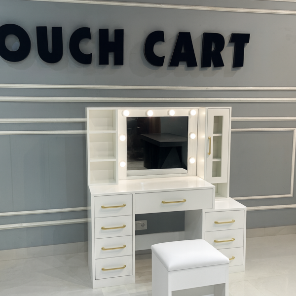 49.2" Makeup Vanity Desk with 8 Drawers, Glass Surface, and Built-In Charging Outlet